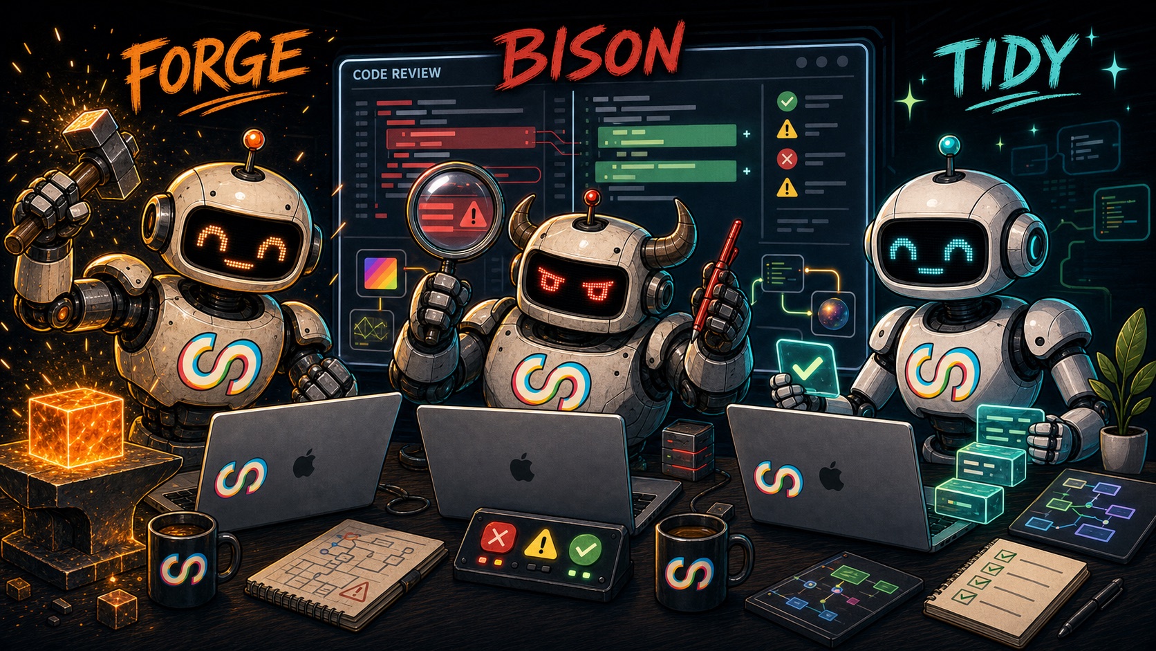 Forge, Tidy, and Bison doing an adversarial code review