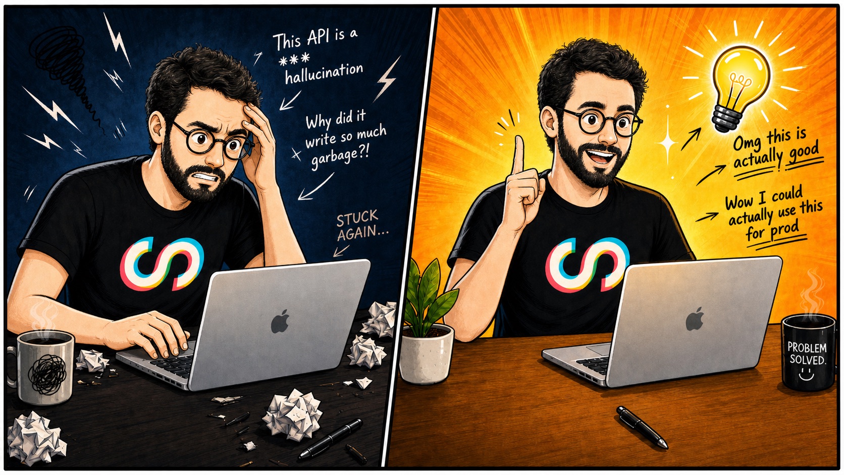 A comic showing agentic coding frustration turning into a useful product insight