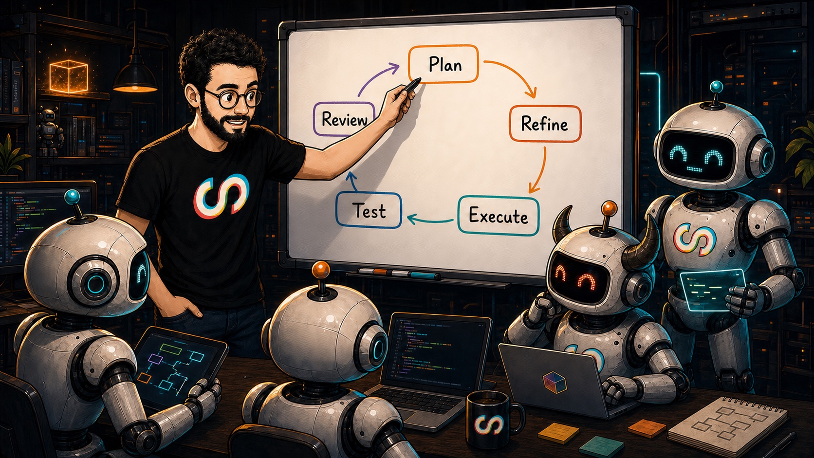 A comic showing the agentic workflow loop: plan, refine, execute, test, review