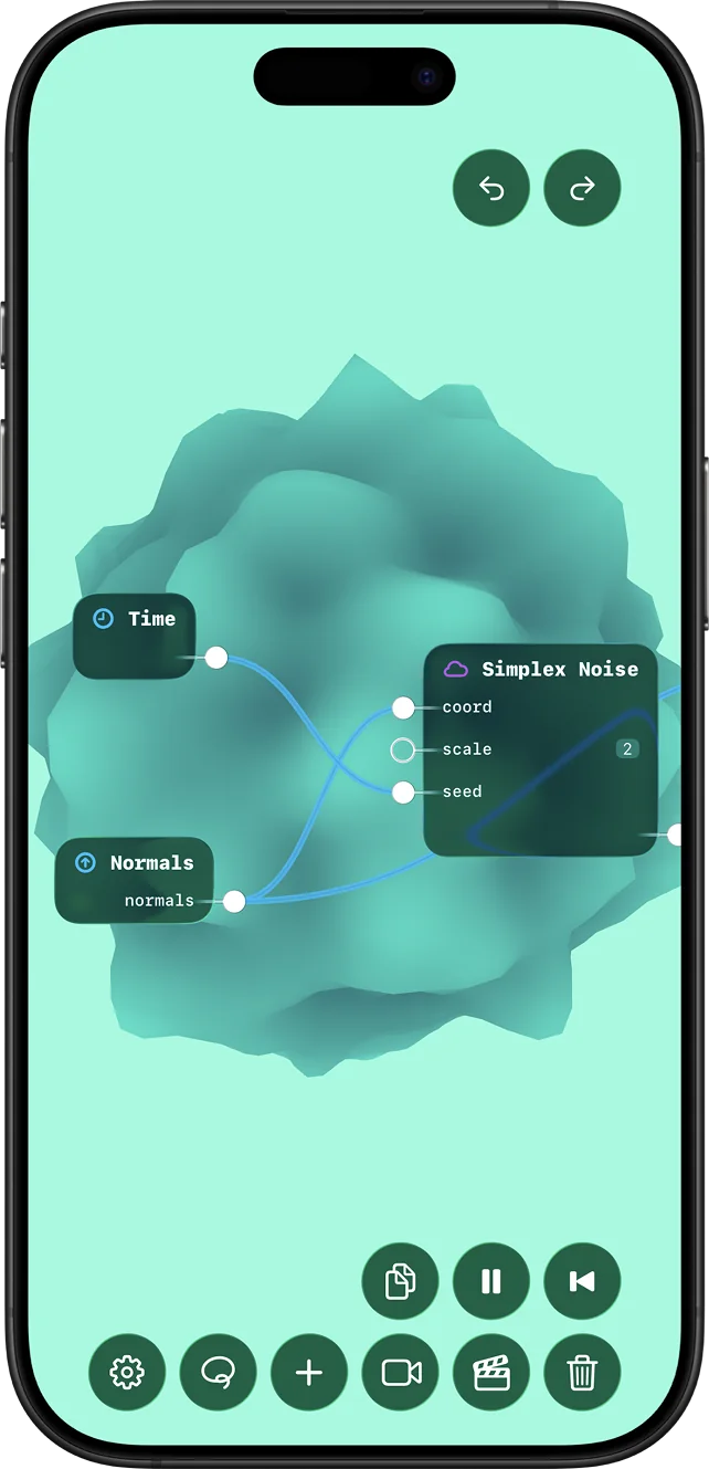 Mobile GlassVFX screenshot showing connected graph nodes.