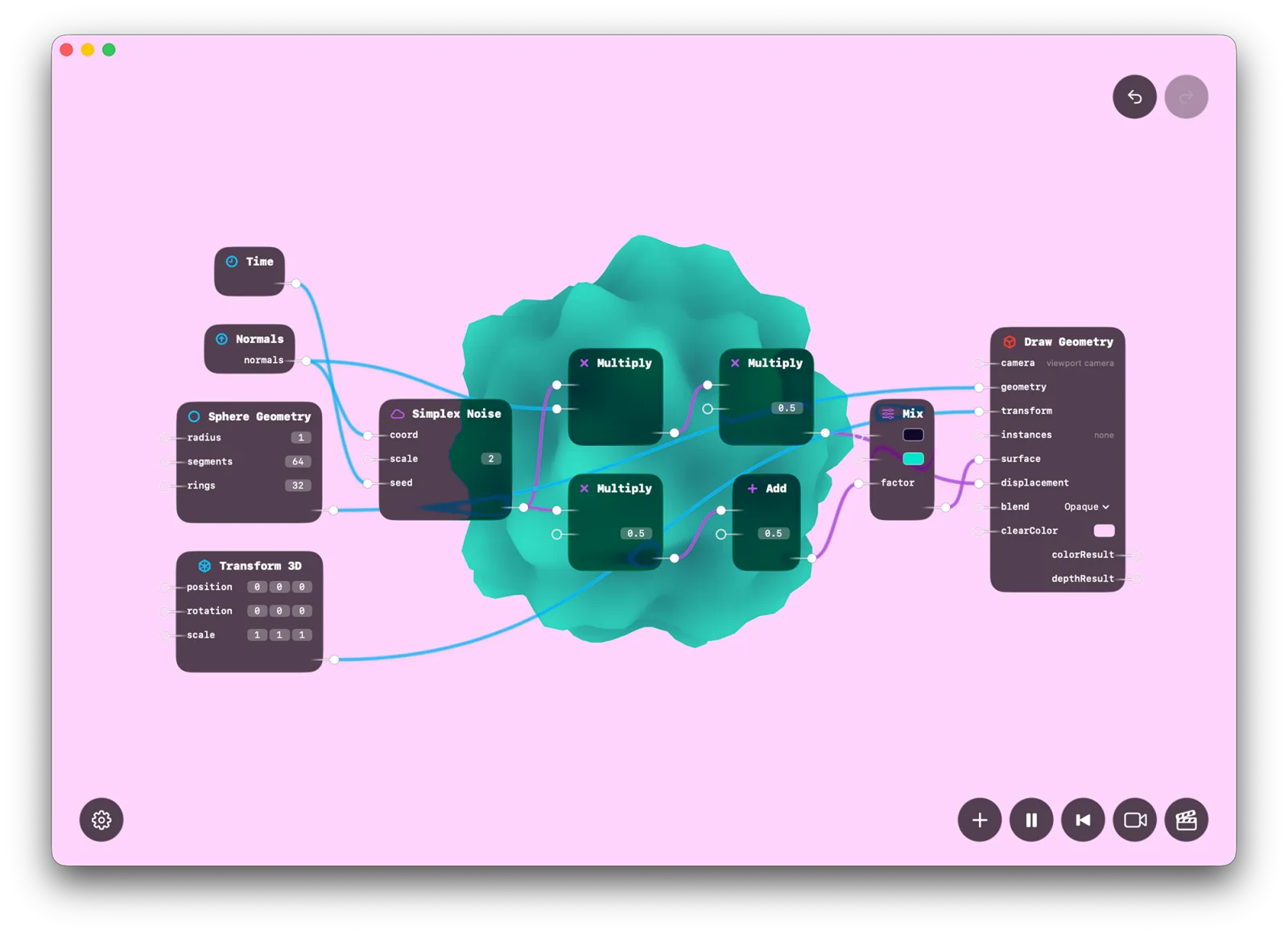 Desktop GlassVFX node graph with a vivid rendered preview.