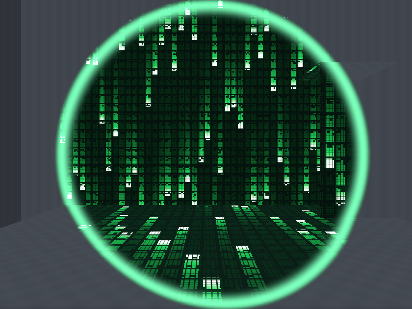 A circular green portal reveals falling code on the walls and floor of a preview room