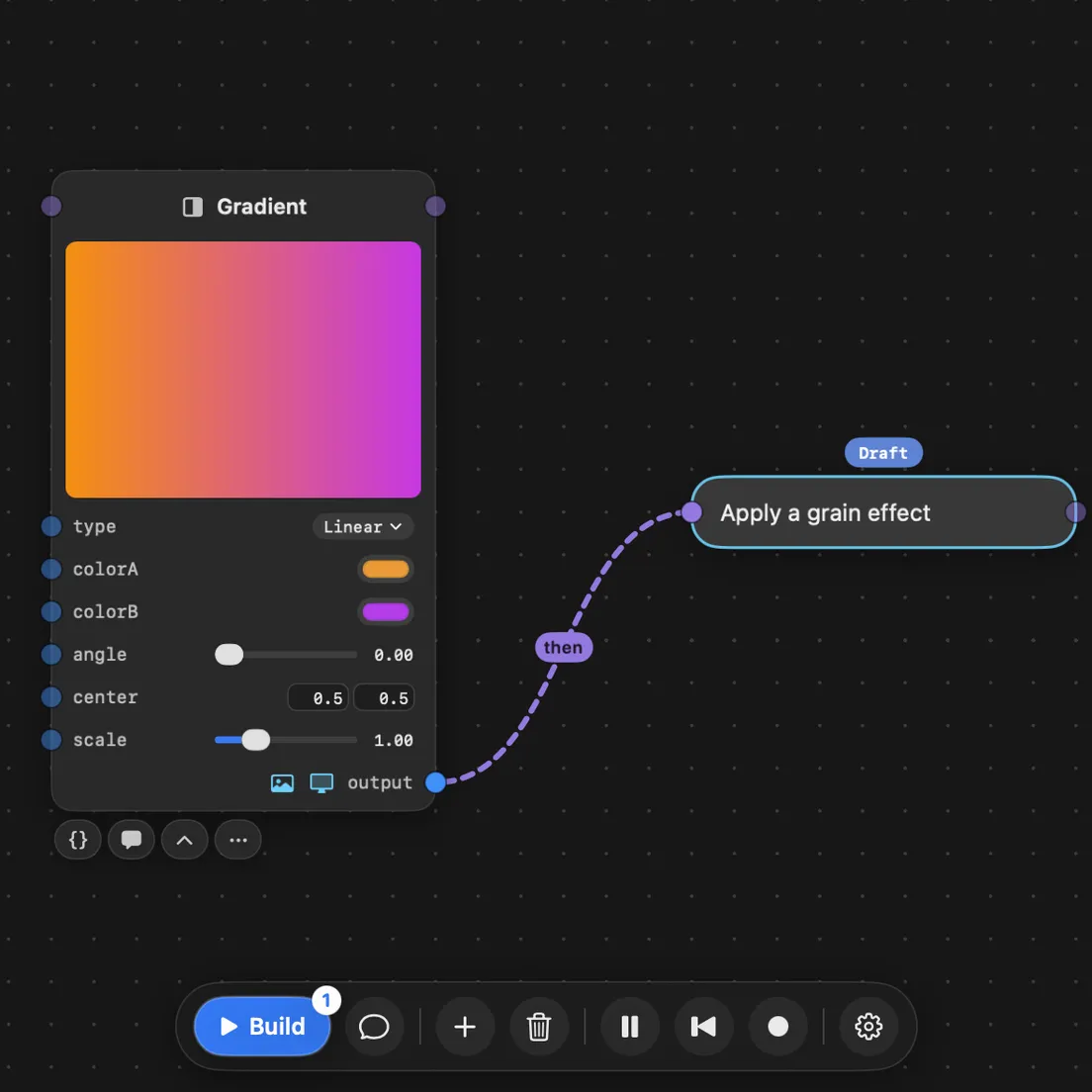A gradient node on the canvas, with a prompt asking for a grain effect wired to its output.