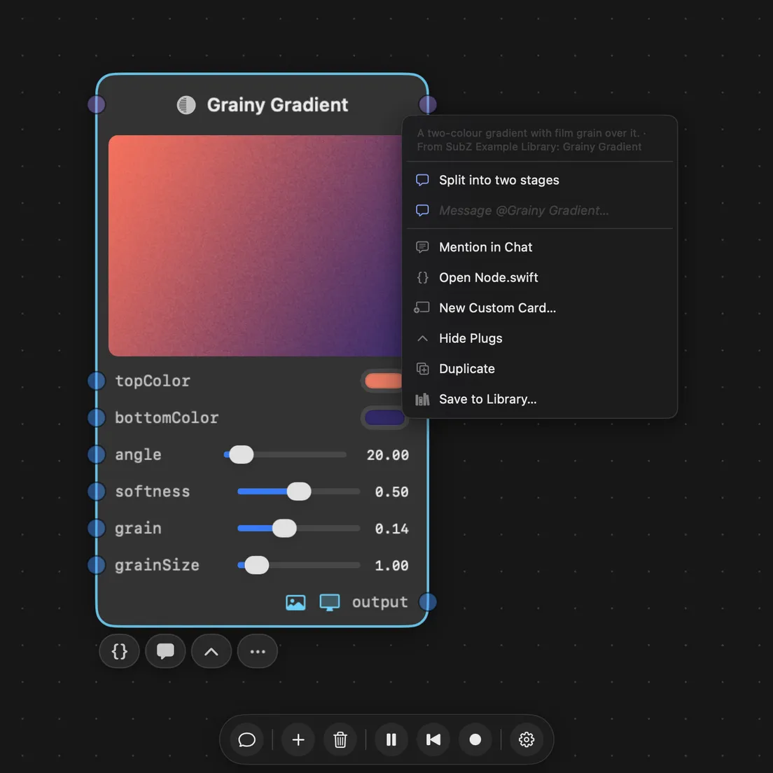 The menu on a Grainy Gradient node, open on Split into two stages.