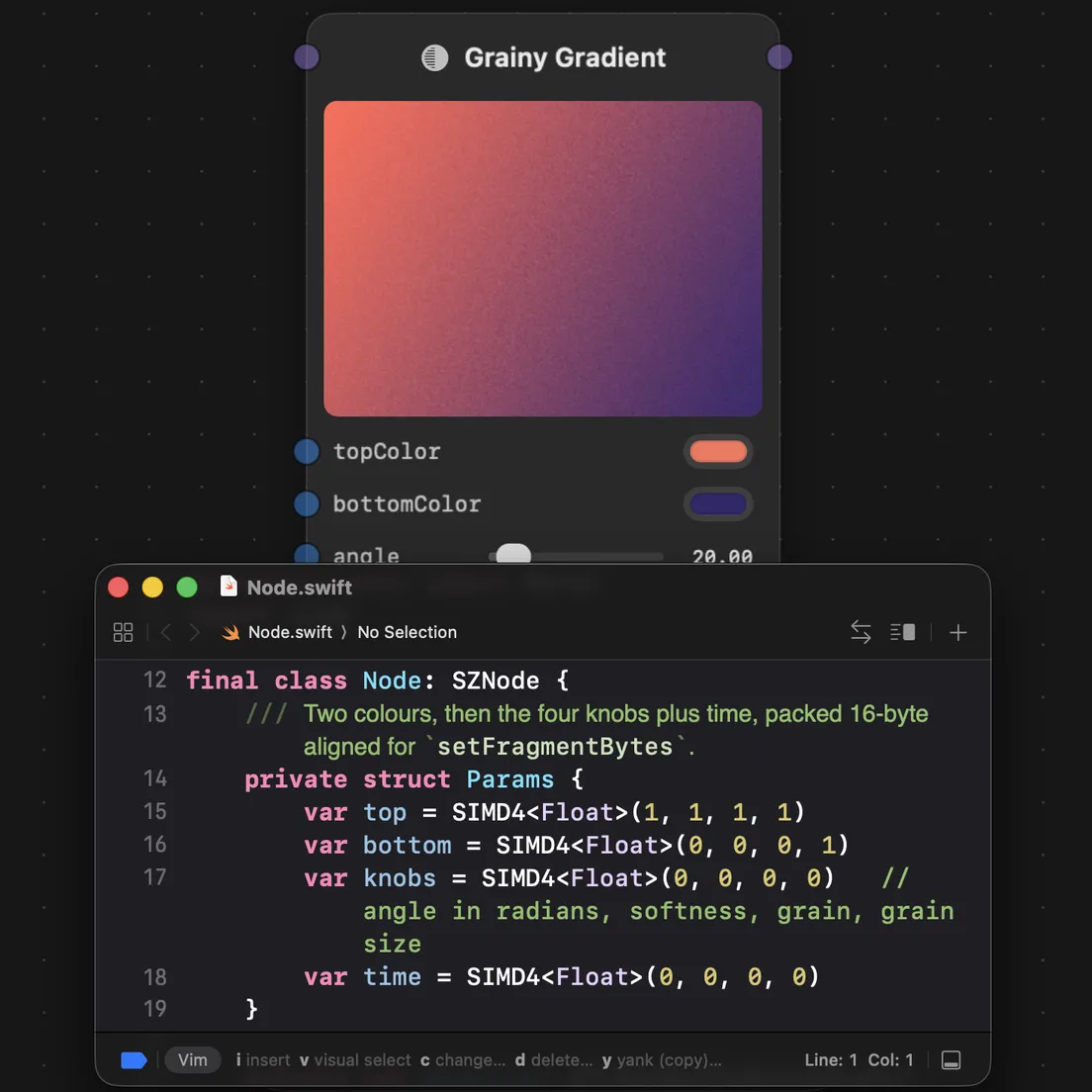 Node.swift open beside the node it draws, on the parameters it packs for the shader.