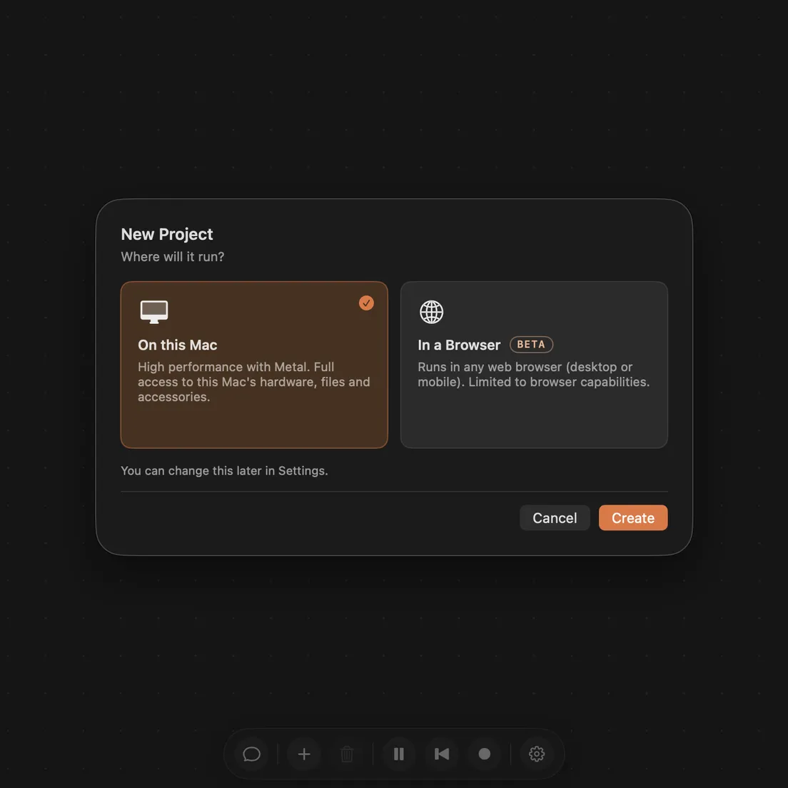 The new-project sheet, choosing between running on this Mac and running in a browser.